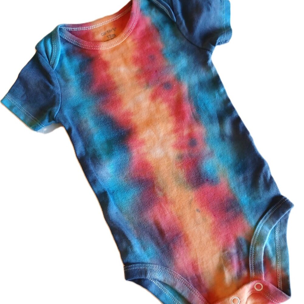Tie Dye Baby Bodysuit with Blue Orange Red Vertical Stripes Size 12 Months NWT